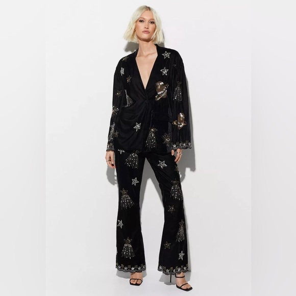 Nasty Gal Pants - NWT Nasty Gal Premium Velvet Embellished Celestial Blazer and Flare Trouser Set
